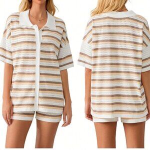 Khaki Casual Women's Stripe Button Crochet Knit Top & Shorts Set